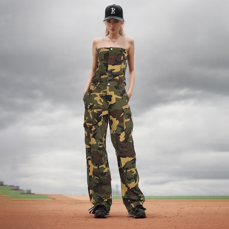 OUDINA New 2024 Spring Metal Buckle Tube Top Camouflage Workwear Wide Leg Multi-pocket Women's Jeans Jumpsuit