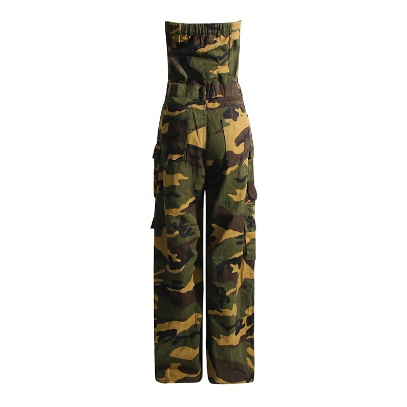 OUDINA New 2024 Spring Metal Buckle Tube Top Camouflage Workwear Wide Leg Multi-pocket Women's Jeans Jumpsuit