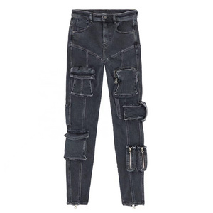 OUDINA Hotselling In Stock Stretch Multi Pocket Skiny Pants Trousers Cargo Jean For Women Denim Jeans