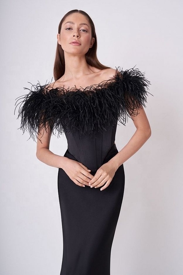 OUDINA Factory ODM 2 Piece Bandage Ostrich Feather Corset Top  Long Skirt Two Piece Set Women Dress Skirts Sets