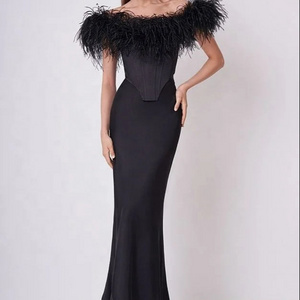 OUDINA Factory ODM 2 Piece Bandage Ostrich Feather Corset Top  Long Skirt Two Piece Set Women Dress Skirts Sets