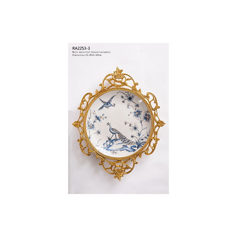 Chinese blue and white ceramic with copper wall decoration round hanging plate for living room hotel Decorative Tray