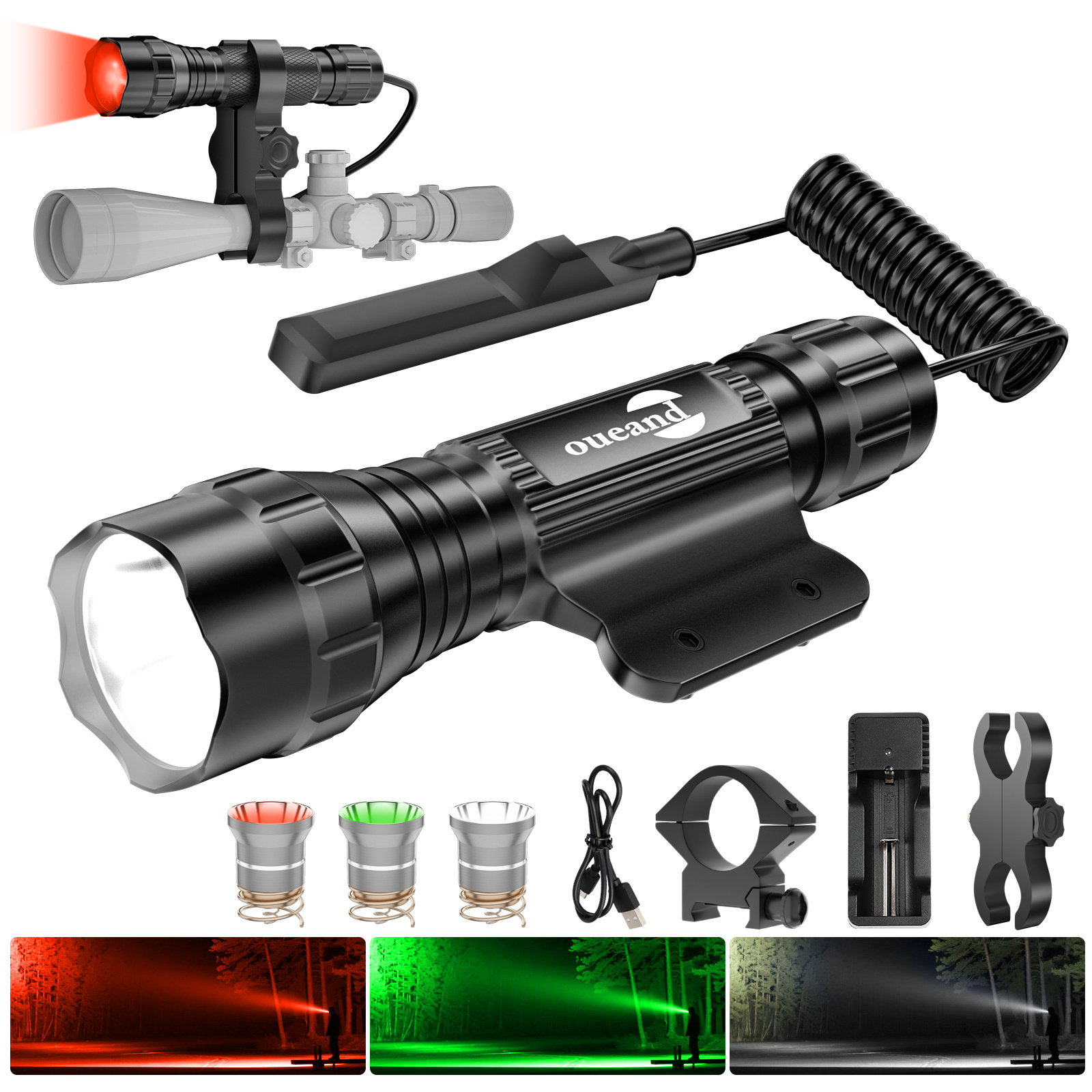 Ultra Bright High Power USB Rechargeable Long Range Red Green Lighting Modes Hunting Flashlight Waterproof Tactical Flashlight