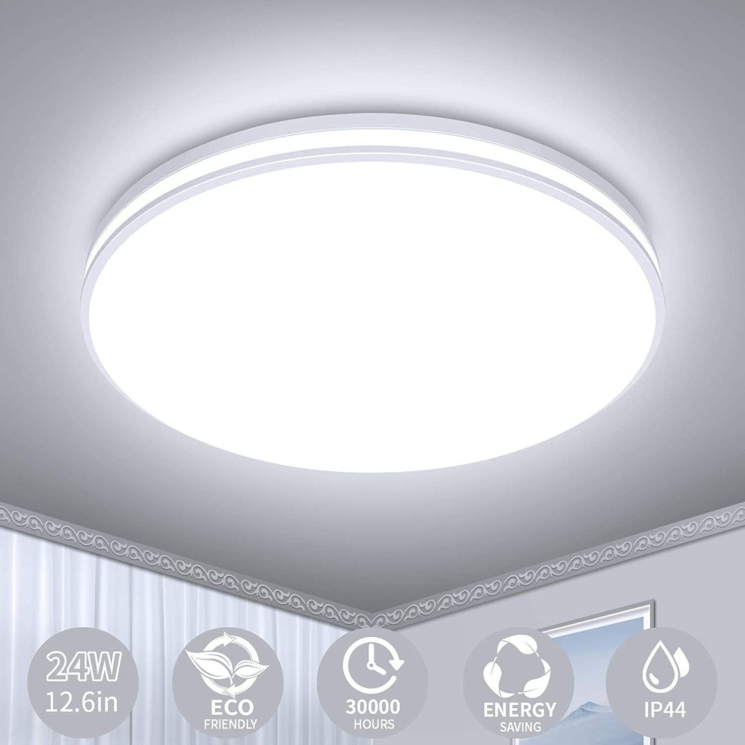 OUESEN IP44 Daylight Flush Mount LED Ceiling Light White 5000K 24W Bathroom Modern ABS Surface Mounted Lampadario Ceiling Lamp