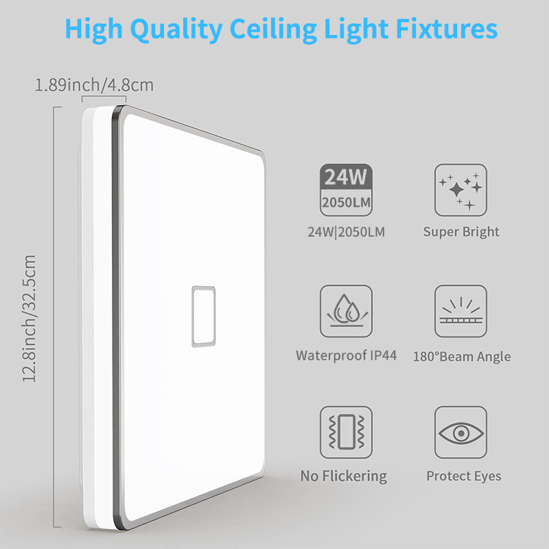 Modern Minimalist Indoor LED Ceiling Light Fixtures 3000K/4000K/5000K Square Bedroom Ceiling Lamp 24W