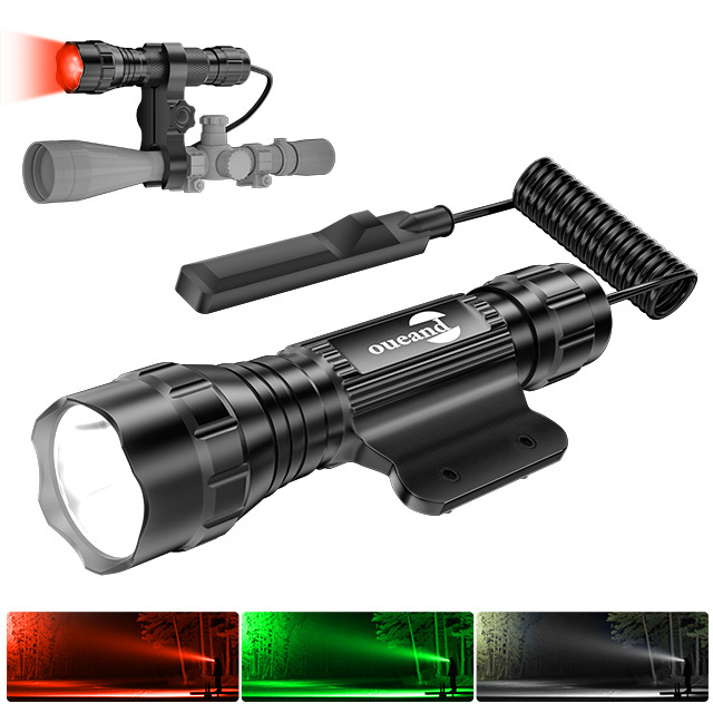 Professional Rechargeable 18650 Battery 3 Light Modes Red Green White LED Light Scope Mount Hunting Flashlight Kit