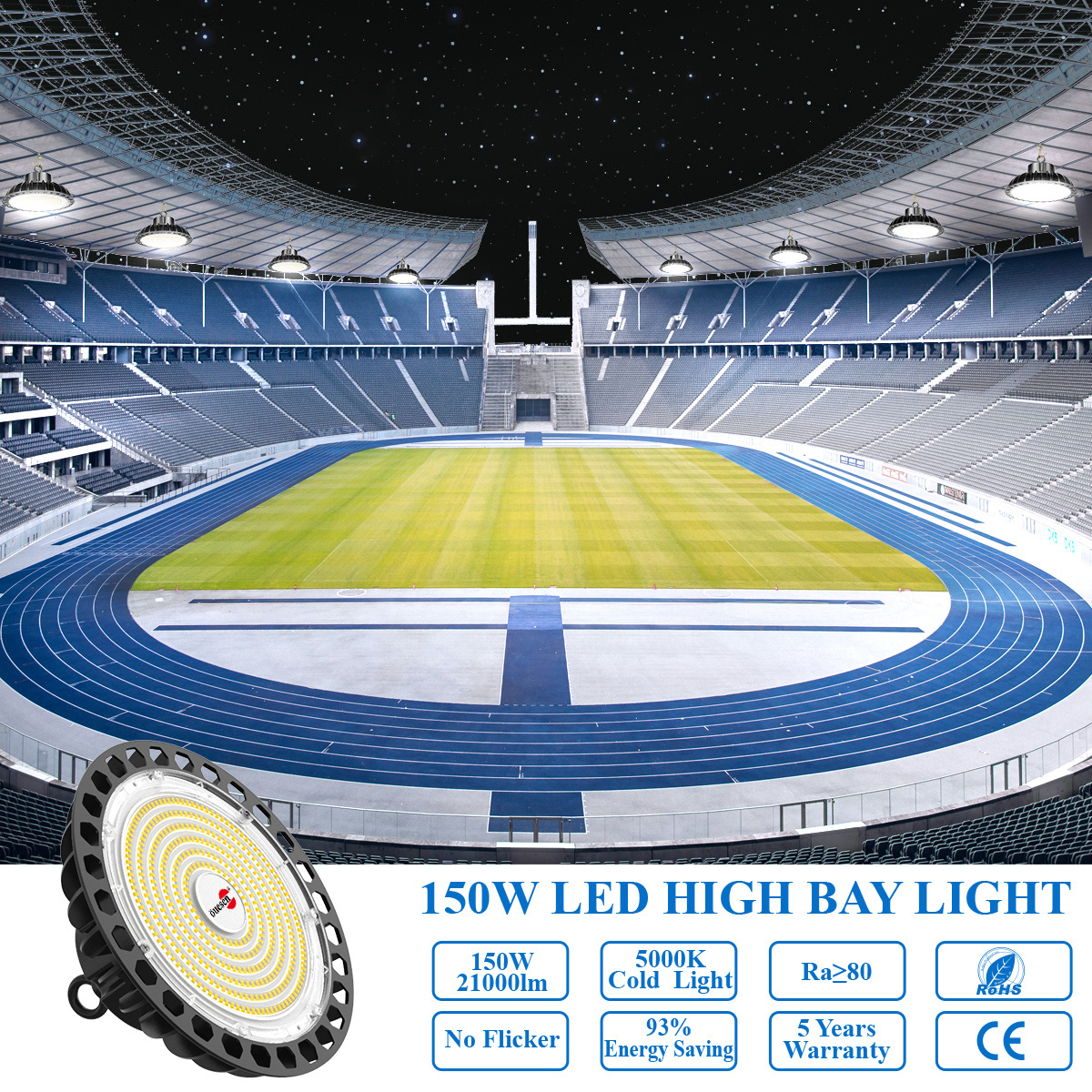 Warehouse Industrial Waterproof IP65 UFO High Bay Light 150W 21000LM Dimmable 1-10V Daylight LED Highbay Light