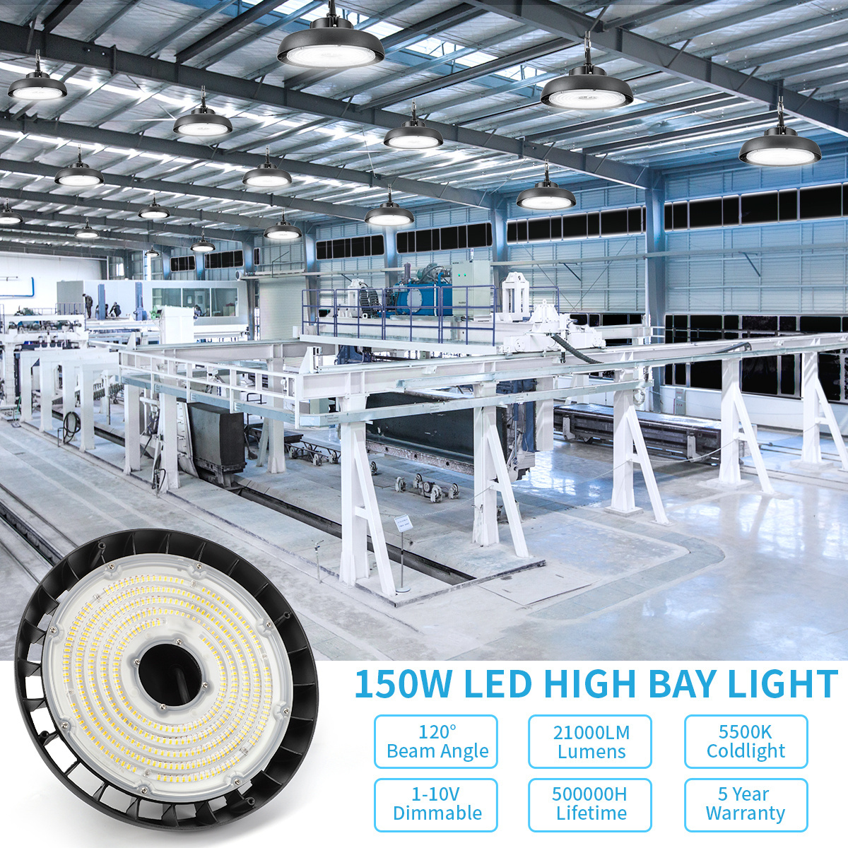 Super Bright 150W High Bay Led Lights 21000LM 5000K for Commercial Warehouse Shop Factory Barn Garage Lighting AC100-277V, IP65