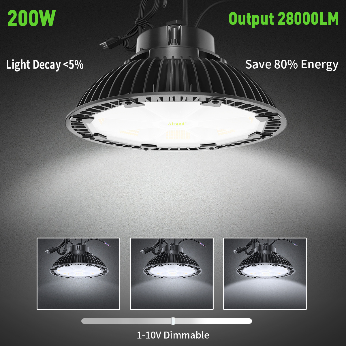 Dimmable 200W UFO High Bay Light With US Plug and Hook Garage Lighting Fixture From USA Warehouse