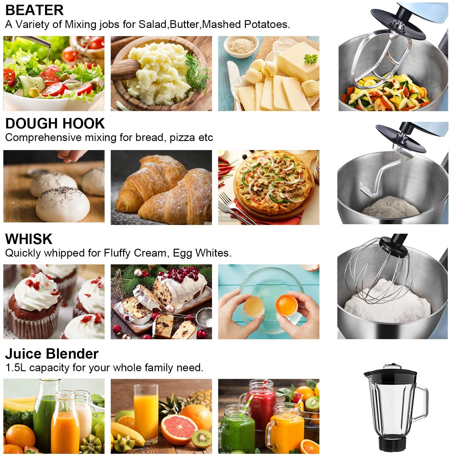 3 be 1 Tilt-head Stand Hand Mixer Food Grinder with Meat Mincer Juicer Blender