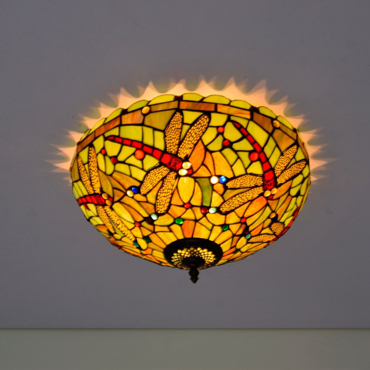 16 inch Tiffany Bedroom Lamp Bar Yellow Stained Glass Semi Retro Dragonfly Price Fan with Light Panel Modern Led Ceiling Lights