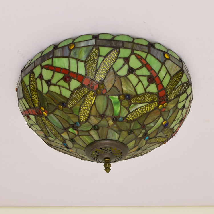 16 inch Tiffany Bedroom Lamp Bar Yellow Stained Glass Semi Retro Dragonfly Price Fan with Light Panel Modern Led Ceiling Lights