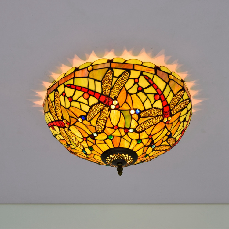 16 inch Tiffany Bedroom Lamp Bar Yellow Stained Glass Semi Retro Dragonfly Price Fan with Light Panel Modern Led Ceiling Lights