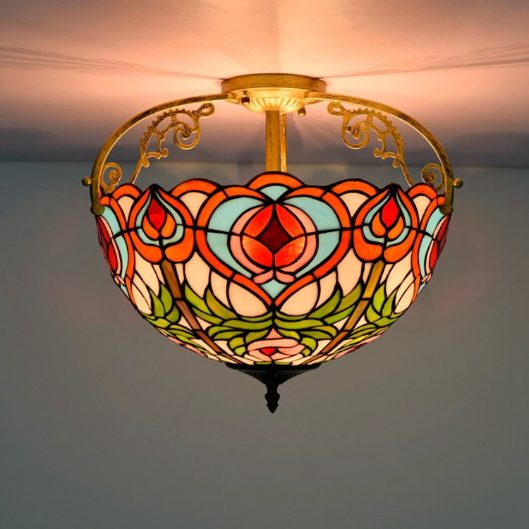 Luxury decorative lighting ceiling lamps iron indoor bedroom tiffany stained glass morning glory 16 inch led pendant light