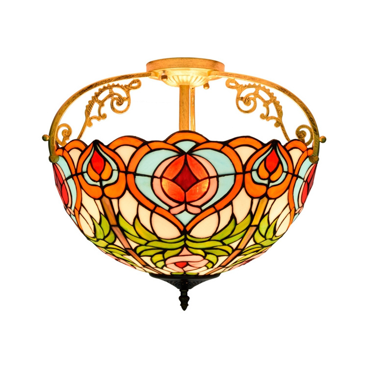 Luxury decorative lighting ceiling lamps iron indoor bedroom tiffany stained glass morning glory 16 inch led pendant light