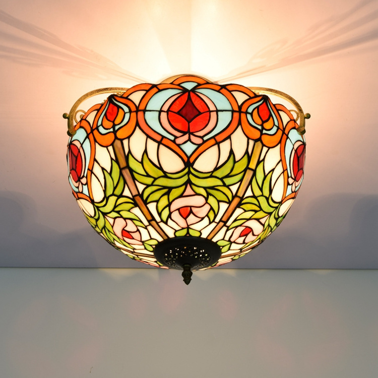 Luxury decorative lighting ceiling lamps iron indoor bedroom tiffany stained glass morning glory 16 inch led pendant light