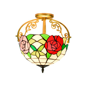 30cm Tiffany led ceiling lamp fixture yellow base red rose stained glass  decorative living room ceiling led light modern