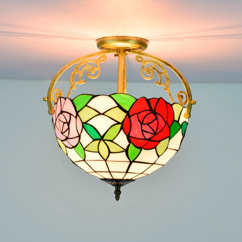 30cm Tiffany led ceiling lamp fixture yellow base red rose stained glass  decorative living room ceiling led light modern