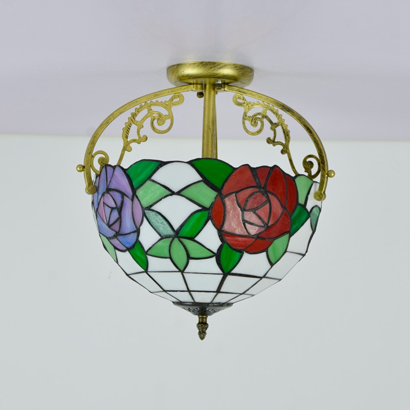 30cm Tiffany led ceiling lamp fixture yellow base red rose stained glass  decorative living room ceiling led light modern