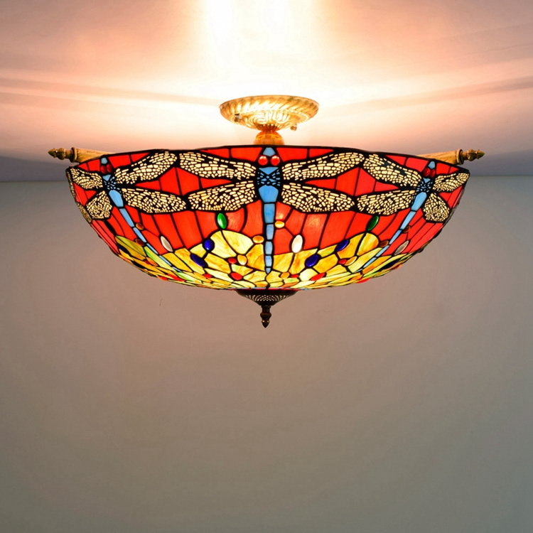 65CM Tiffany Lamps Dragonfly Semi Flush Mount pendant lamp for living room bedroom hotel Baroque stained glass  ceiling light