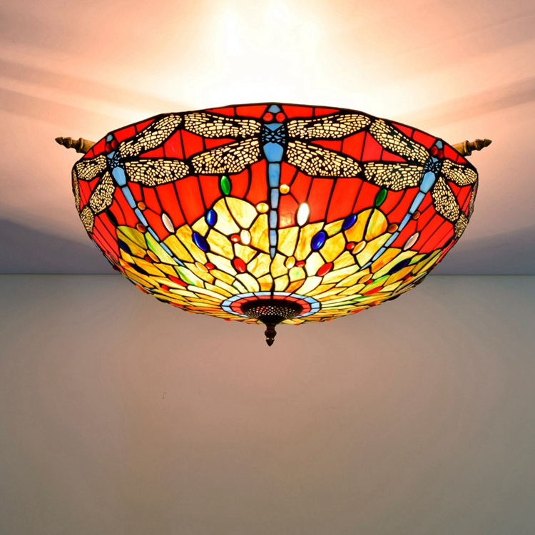 65CM Tiffany Lamps Dragonfly Semi Flush Mount pendant lamp for living room bedroom hotel Baroque stained glass  ceiling light