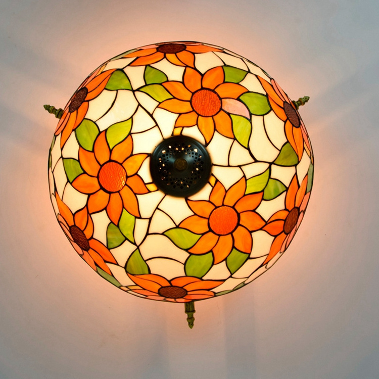 Tiffany Pastoral Style Sunflower Stained Glass Ceiling Lamp Flush Mount Ceiling Lighting Fixture for Living Room Kitchen Island