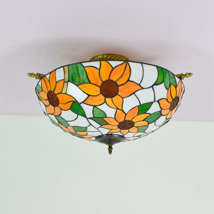 Tiffany Pastoral Style Sunflower Stained Glass Ceiling Lamp Flush Mount Ceiling Lighting Fixture for Living Room Kitchen Island