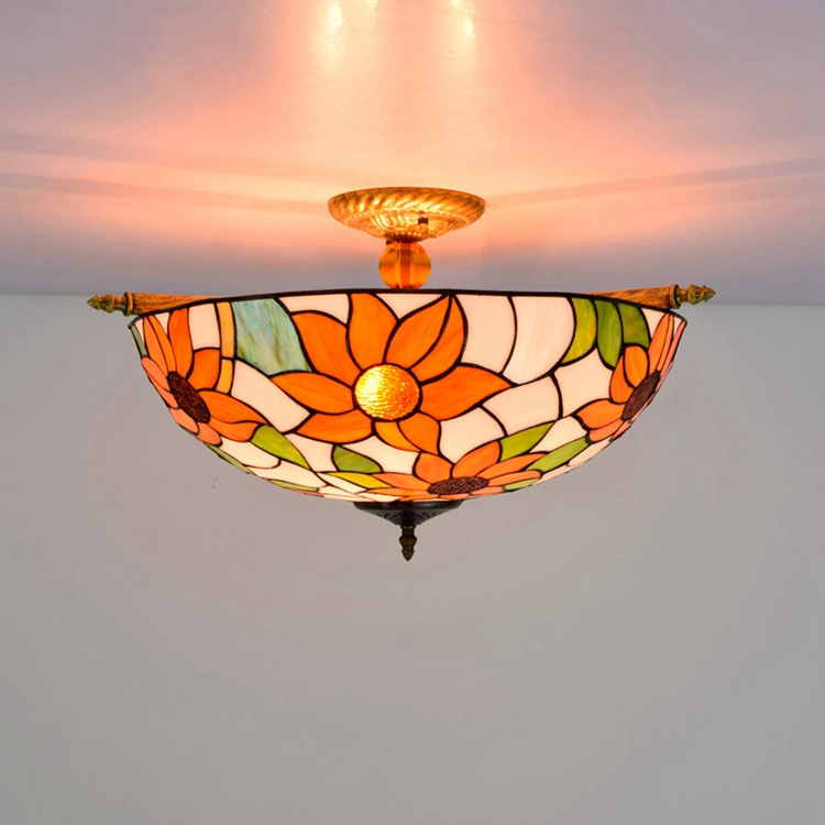 Tiffany Pastoral Style Sunflower Stained Glass Ceiling Lamp Flush Mount Ceiling Lighting Fixture for Living Room Kitchen Island