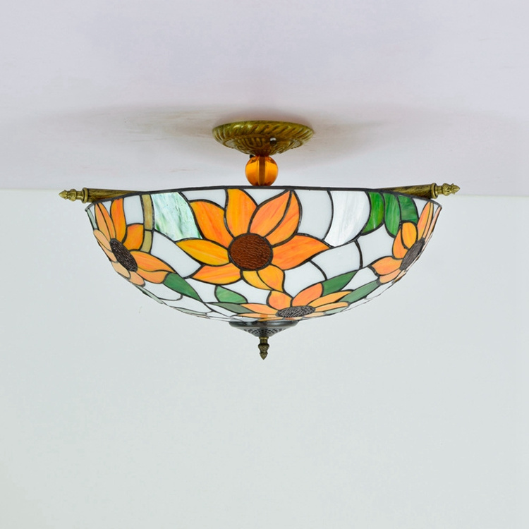 Tiffany Pastoral Style Sunflower Stained Glass Ceiling Lamp Flush Mount Ceiling Lighting Fixture for Living Room Kitchen Island