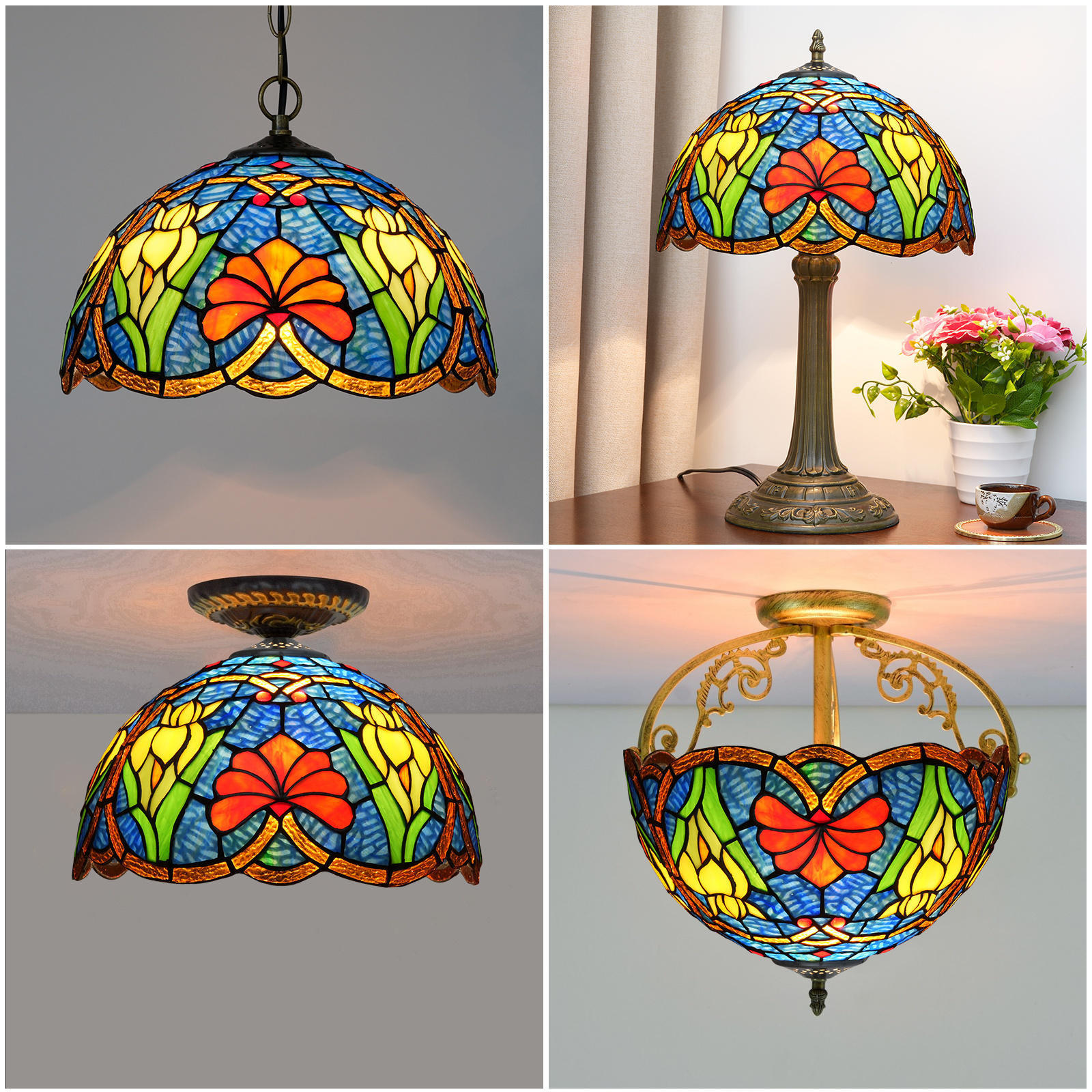 Tiffany Lamp Shade Replacement 12 Inches Blue Lotus Flower Stained Glass Lampshade Only For Pendant Light Ceiling Fixture