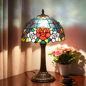 Tiffany Style Table Lamp Stained Glass Blue  Red Floral Roses Vintage Light Decor Nightstand Living Room Bedroom Office