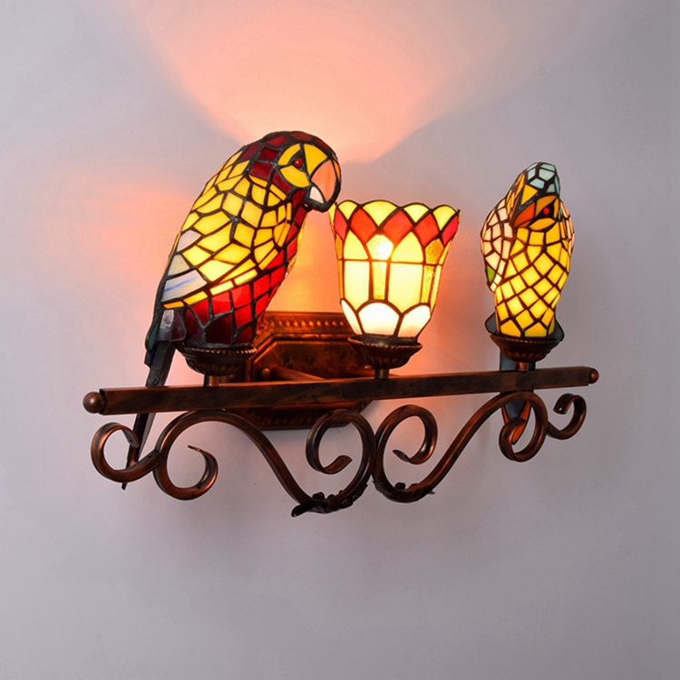 Retro creative classic Parrot Tiffany stained glass Wall Lamp for bathroom or dining or bedroom three head vanity light fixtures