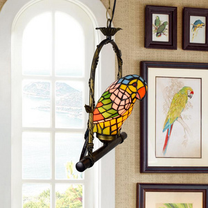 Idyllic creative retro yellow parrot bird corridor aisle LED pendent lamp  tiffany stained glass restaurant bar cafe chandelier