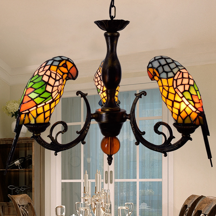 Creative retro Yellow Parrot bird pendent lamp Tiffany Stained Glass Restaurant Bedroom Bar Corridor Three heads Chandelier