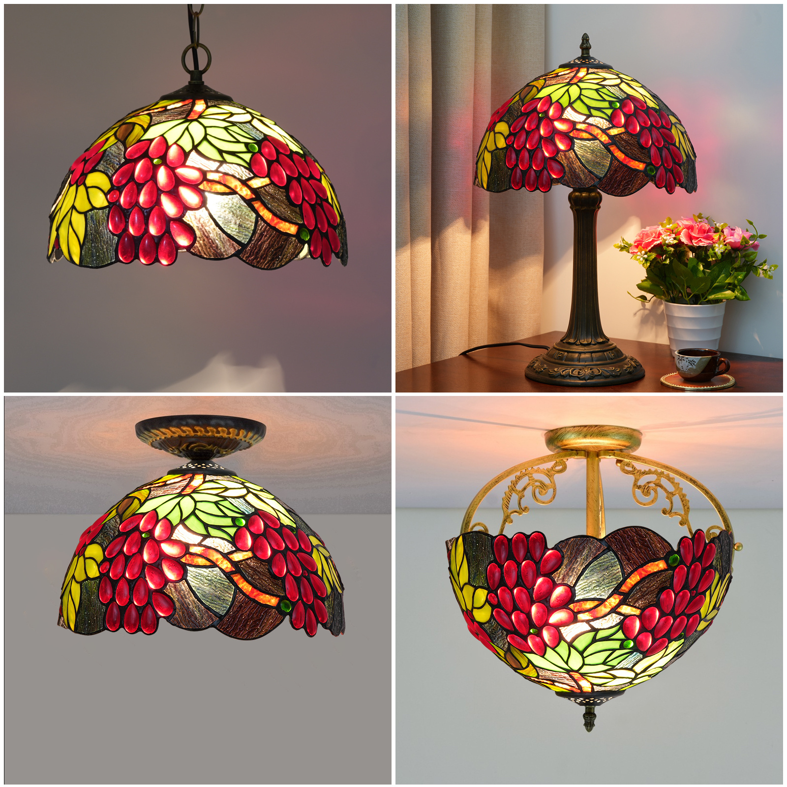 Mediterranean Grapes Stained Glass LampShade Crystal Beads Green Leaf Lamp Chimney Only For Table Lamps Pendant Ceiling Lamp