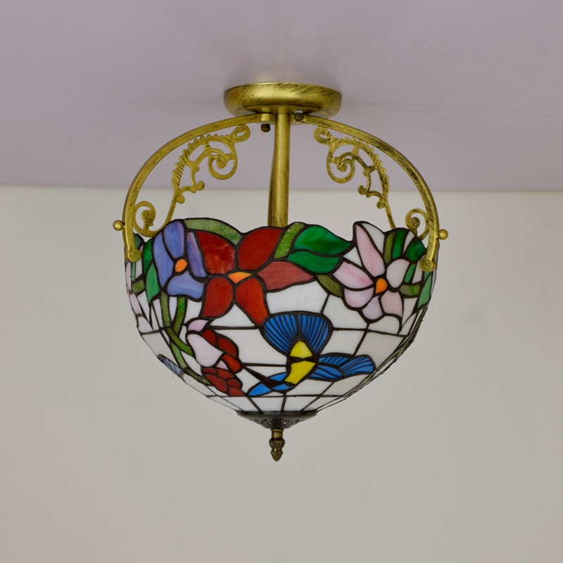 Tiffany Ceiling Light Fixture Hummingbirds and flowers Stained Glass Semi Flush Mount Lamp 12 Inch Tiffany Ceiling Lamp