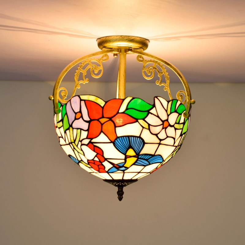 Tiffany Ceiling Light Fixture Hummingbirds and flowers Stained Glass Semi Flush Mount Lamp 12 Inch Tiffany Ceiling Lamp