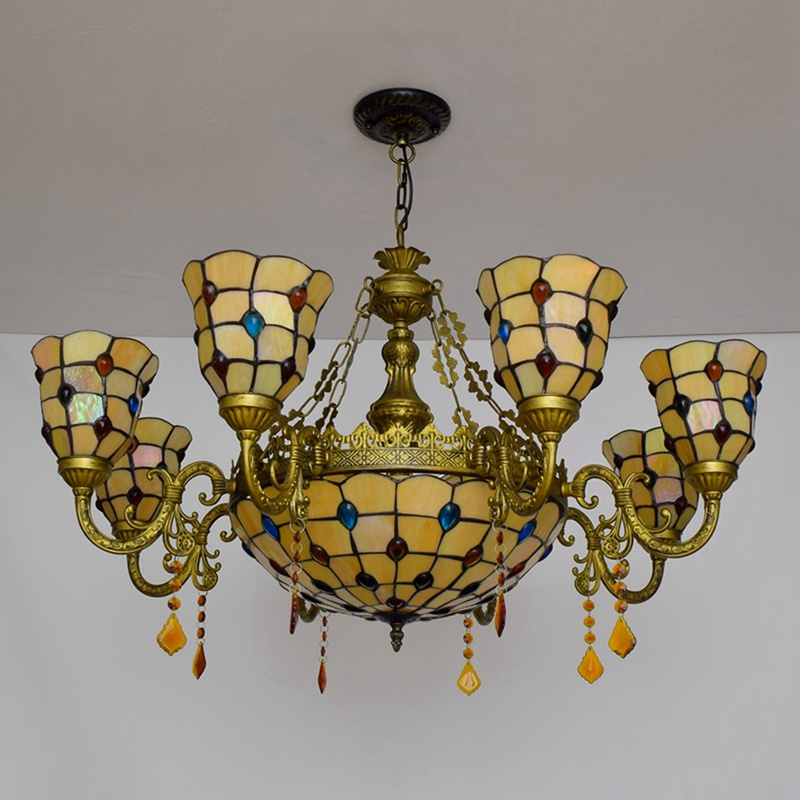 Tiffany Style 11-Lights large round Chandelier Vintage Handmade Stained Glass Ceiling Lighting Fixture for Bedroom Living Room