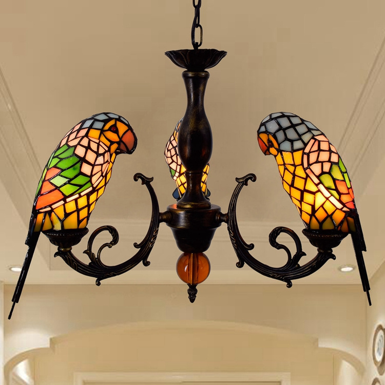 Creative retro Yellow Parrot bird pendent lamp Tiffany Stained Glass Restaurant Bedroom Bar Corridor Three heads Chandelier