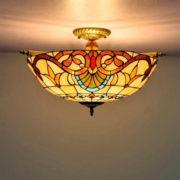 Tiffany style baroque ceiling light E27 stained glass shade flush mount ceiling lamp for living room bedroom kitchen hallway