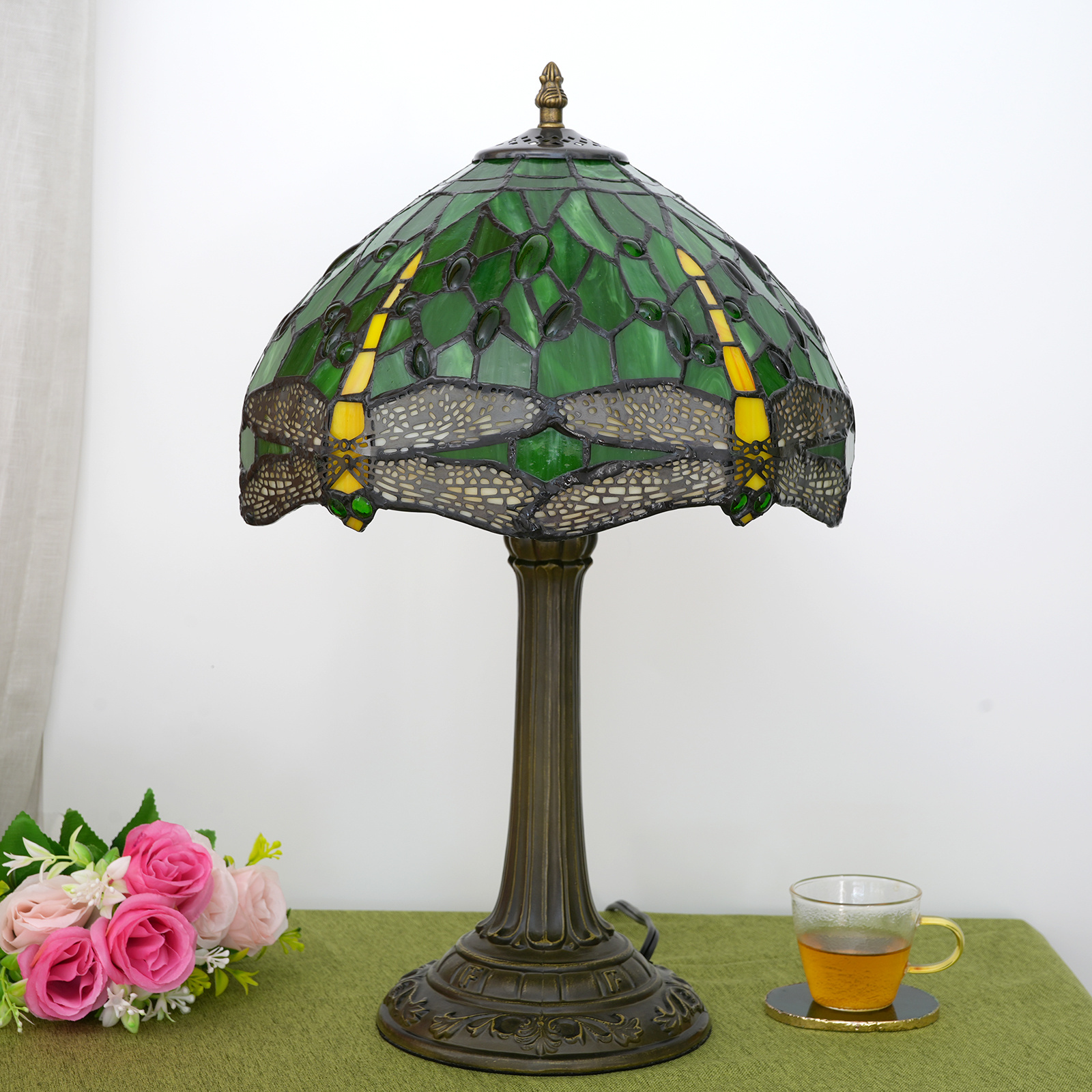 Tiffany Table Lamp Stained Glass Lamp 12 Inch Antique Reading Light Green Dragonfly Bedroom living room hotel decor table lamps