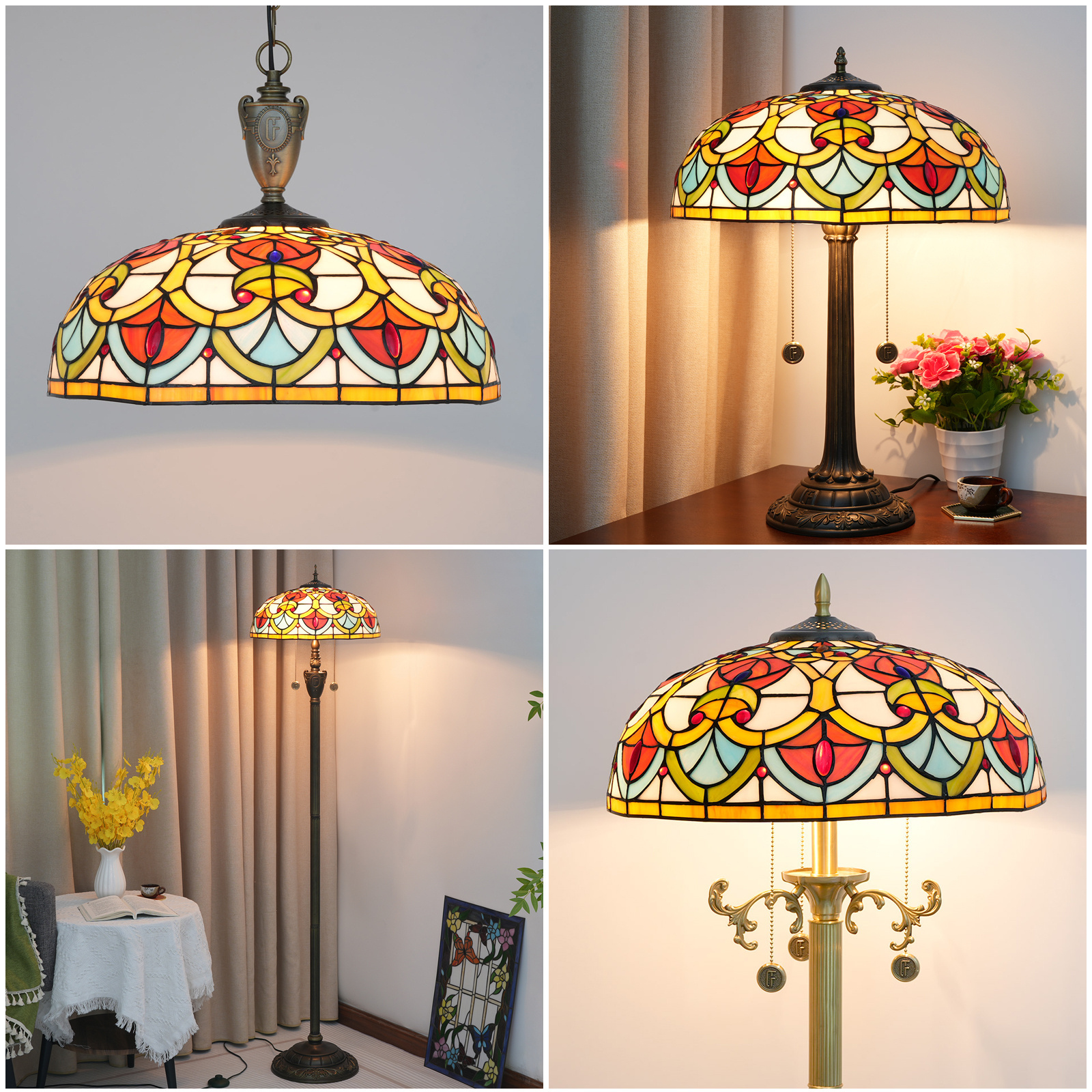 16 Inch Lamp Shade Replacement, Only Tiffany Stained Glass Lamp Chimney,Red Green Pink Fit for Table Lamp, Pendant Light