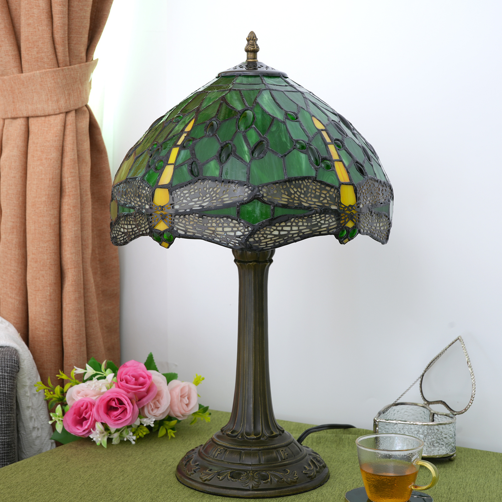 Tiffany Table Lamp Stained Glass Lamp 12 Inch Antique Reading Light Green Dragonfly Bedroom living room hotel decor table lamps