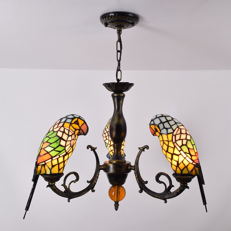 Creative retro Yellow Parrot bird pendent lamp Tiffany Stained Glass Restaurant Bedroom Bar Corridor Three heads Chandelier