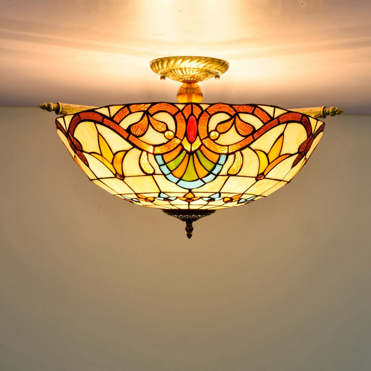 Tiffany style baroque ceiling light E27 stained glass shade flush mount ceiling lamp for living room bedroom kitchen hallway