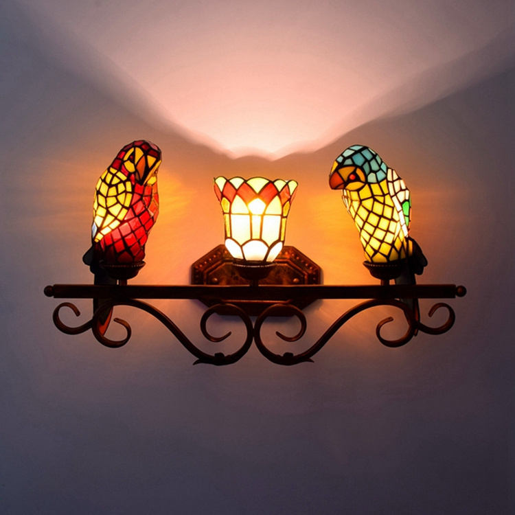 Retro creative classic Parrot Tiffany stained glass Wall Lamp for bathroom or dining or bedroom three head vanity light fixtures