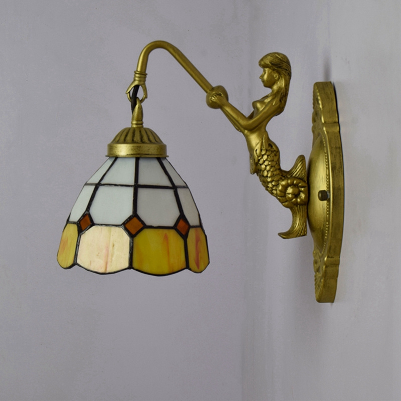 Tiffany Wall Sconce Mediterranean Stained Glass Lampshade with Mermaid Lamp Arm Wall Light Fixtures for Stairs, Hallway, Bedroom