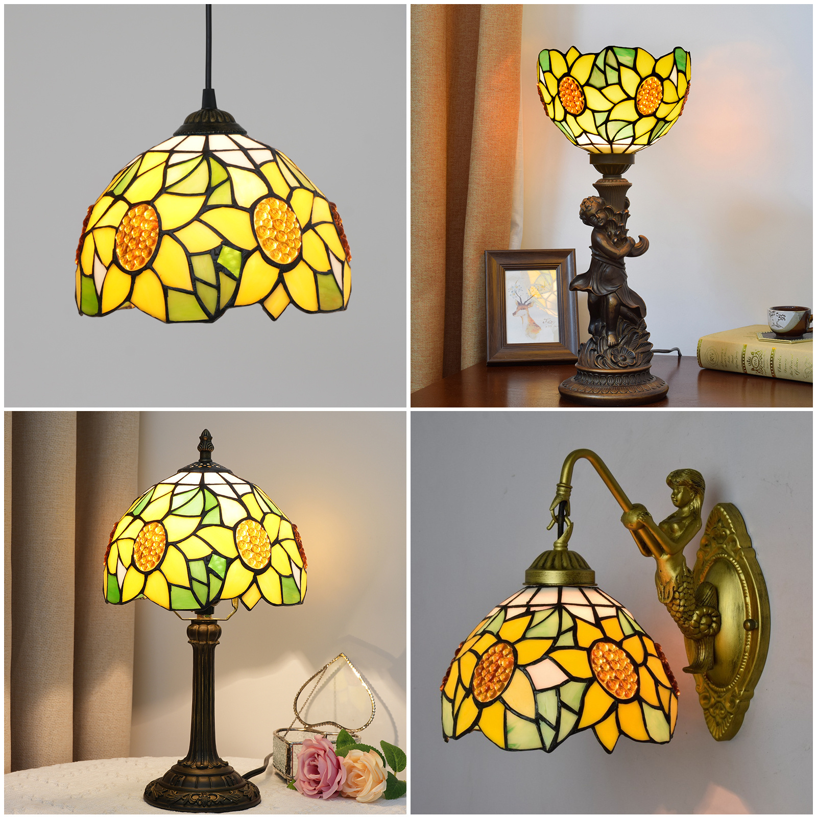 Tiffany style lampe shade de decoration salon stained glass material 8 inch mosaic Sunflower lampshade Replacement for wall lamp