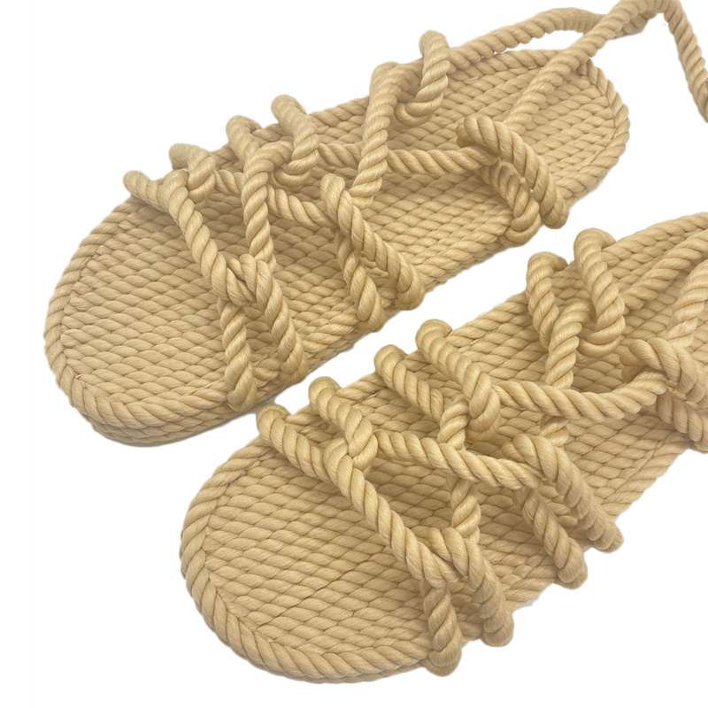 New Style Handmade hemp rope lady sandals wedge shoes Crossover Strap Straw Rope Flat Shoes Women's Sandals