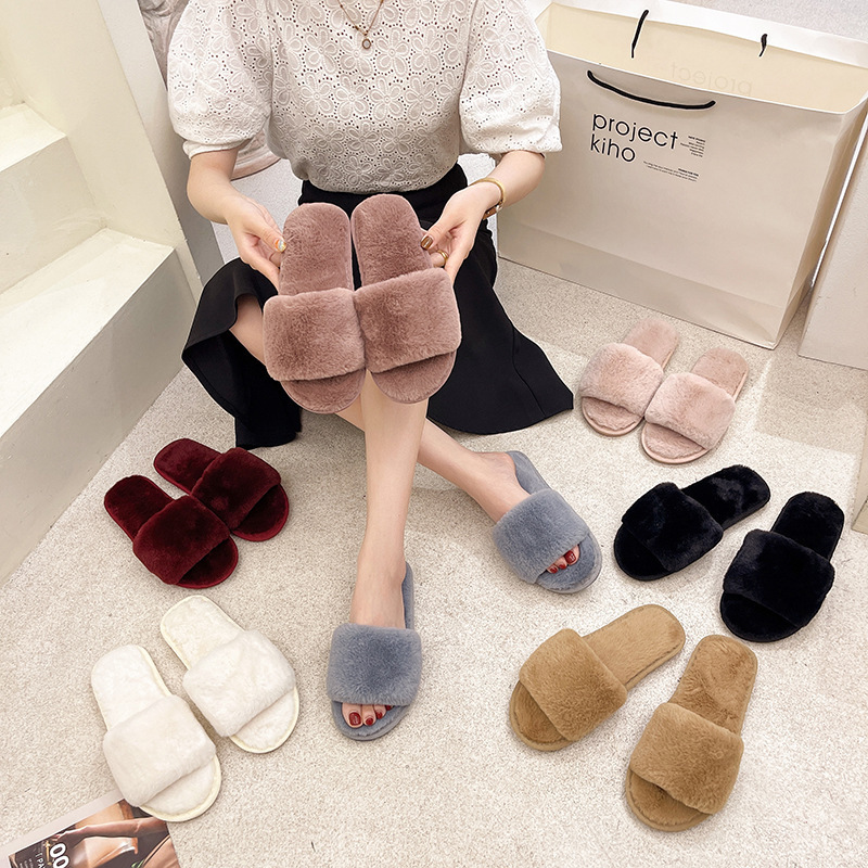 Thong Sandal Wholesale Fuzzy Stuffed Slip on Slippers Hotel Slippers for Women Fur Slippers White Winter Shoes Fluffy Faux Fur